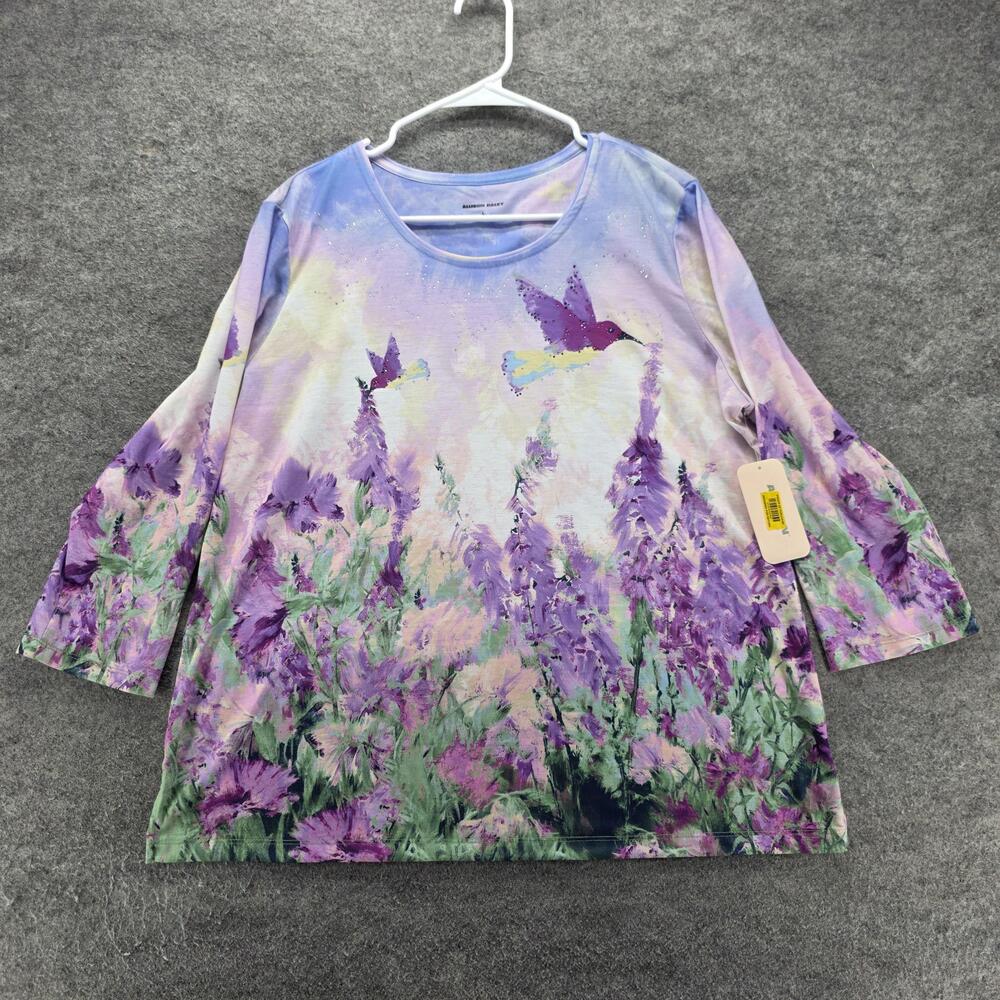 Allison Daley T-Shirt Womens L Purple Hummingbird Floral 3/4 Sleeve Scoop Neck